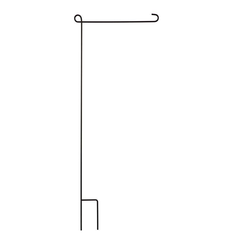 One piece, black garden flag stand with rubber washer to secure flag.