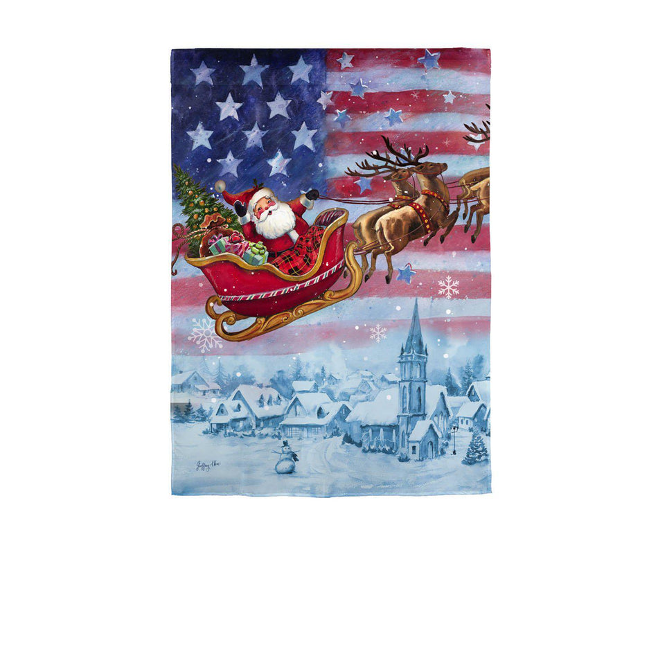 The Patriotic Santa garden flag features Santa flying in his sleigh with the American flag in the background. 