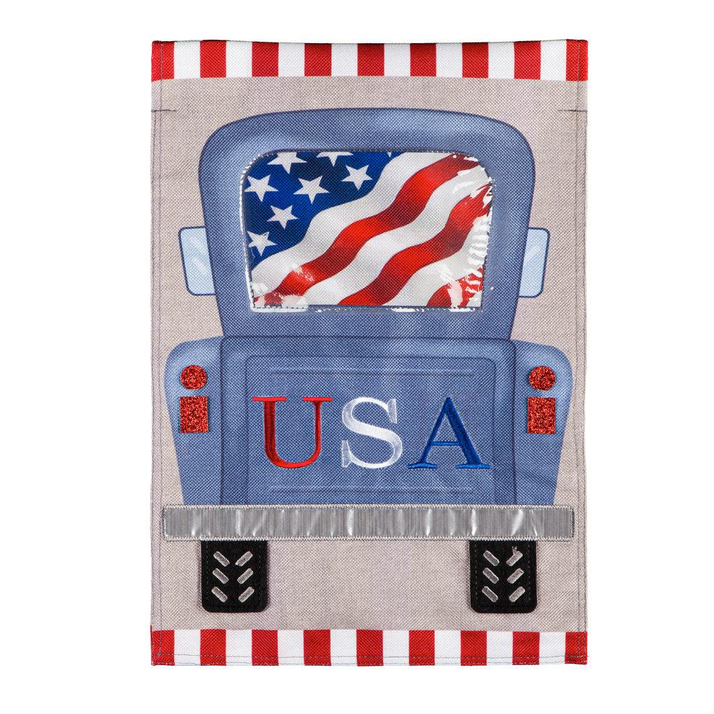 The Patriotic Truck house banner features a truck with a U.S. flag in the back window and U.S.A. across the tailgate.