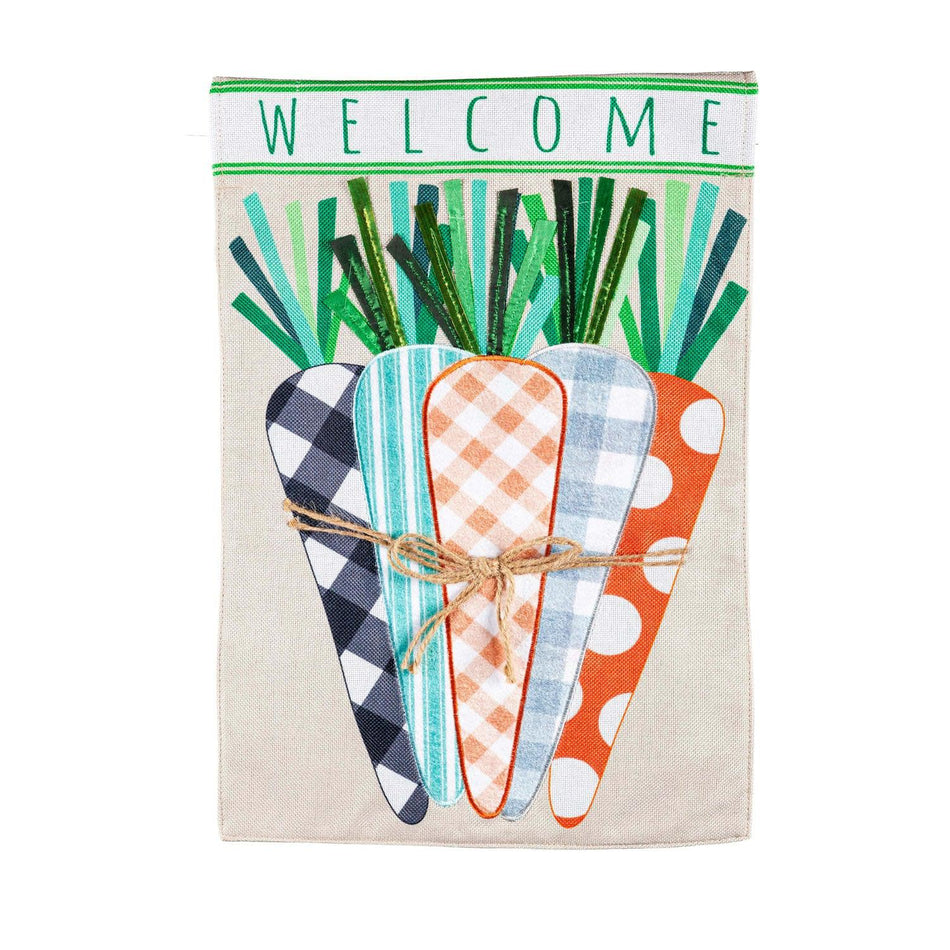 The Patterned Carrots garden flag features a bundle of multi-patterned carrots and the word "Welcome ". 