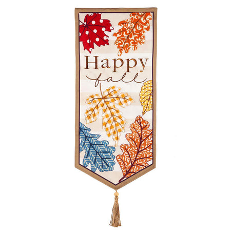The  Patterned Leaves Textile Decor from the Everlasting Impressions collection features autumn colored leaves and the words "Happy Fall". This extra-long garden flag also has a tassel at the bottom center and 3D embroidered details.
