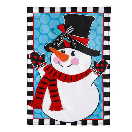 The Patterned Snowman garden flag features a happy snowman over a blue circle print background with a black and white checked border. 