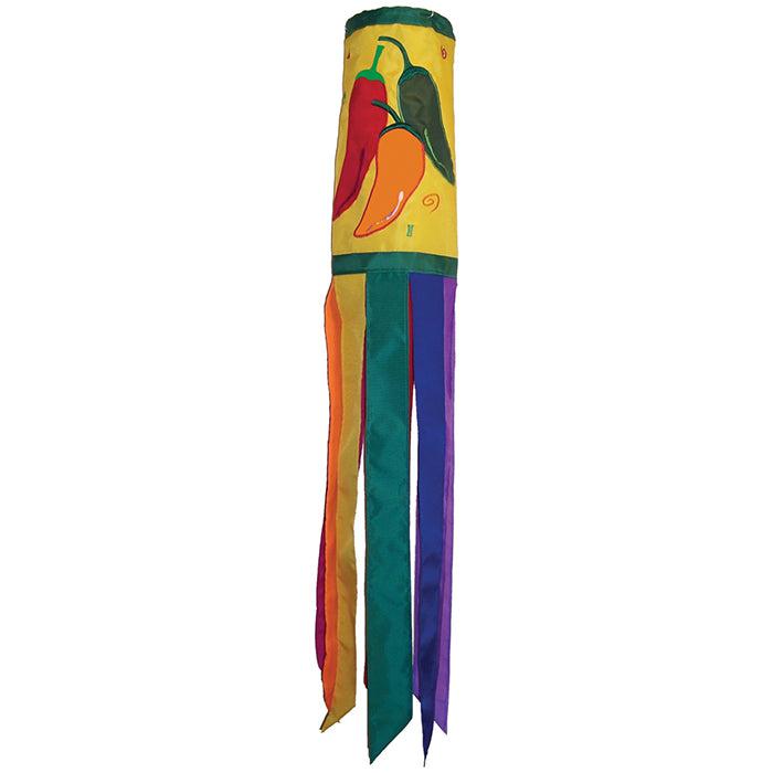 The Pepper Fiesta windsock features red, orange, and green chili peppers with 8 multi-colored coordinating tails with sewn edges.