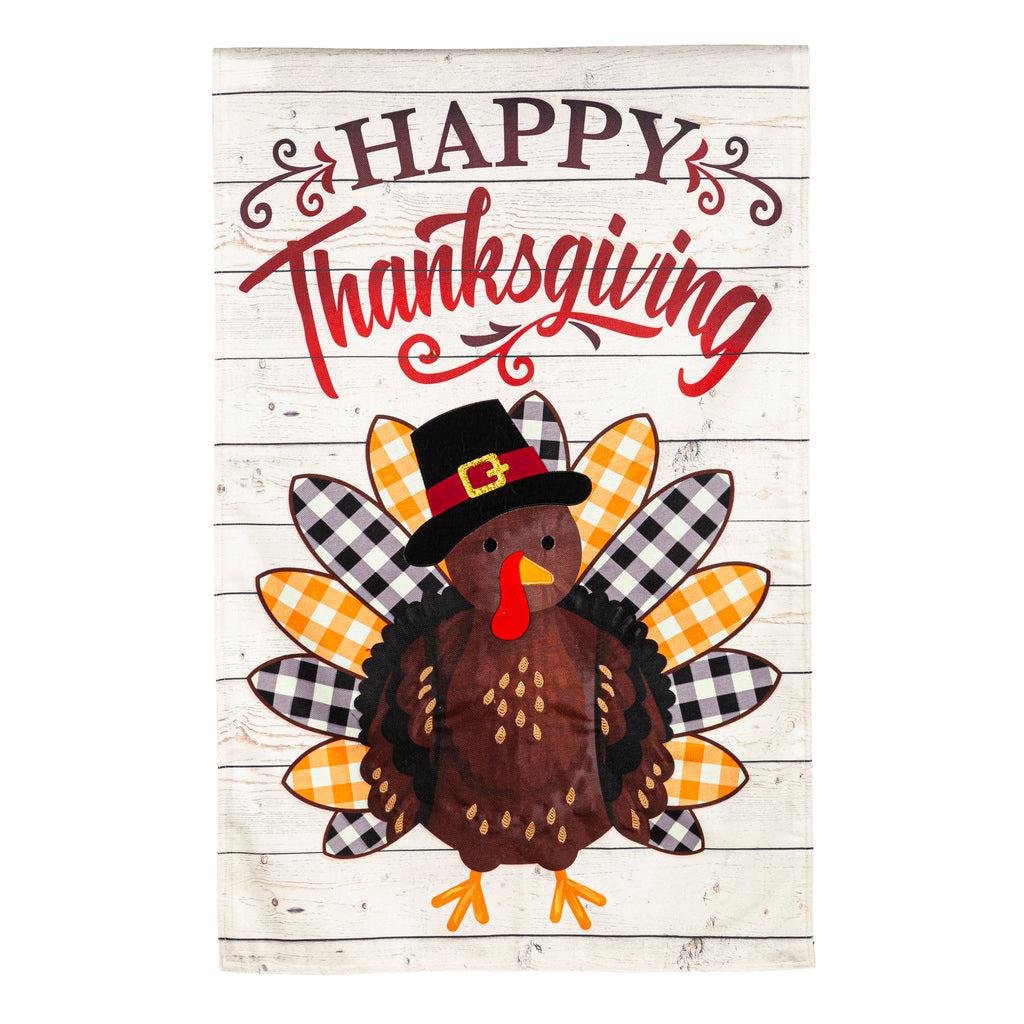The Pilgrim Turkey house banner features a turkey with a pilgrim hat, alternating gold and black checked tail feathers, and the words "Happy Thanksgiving". 