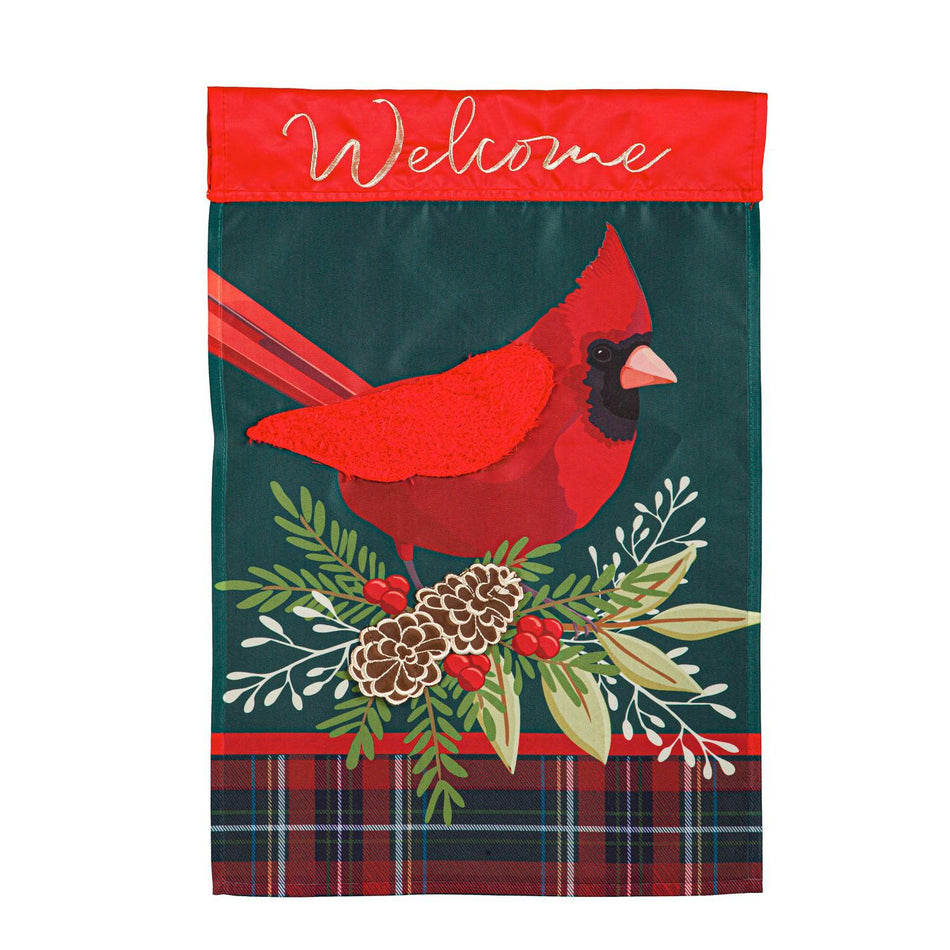 The Plaid Cardinal house banner features a cardinal on an evergreen bough, a plaid bottom border and the word "Welcome".