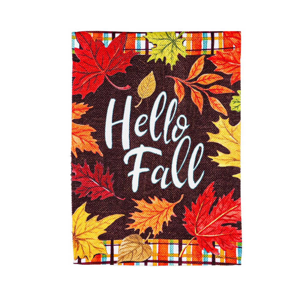 The Plaid Hello Fall garden flag features a plaid top and bottom border and the words "Hello Fall" surrounded by fall leaves. T
