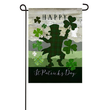 The Plaid Leprechaun garden flag features a leprechaun dancing with shamrocks and the words "Happy St. Patrick's Day". 