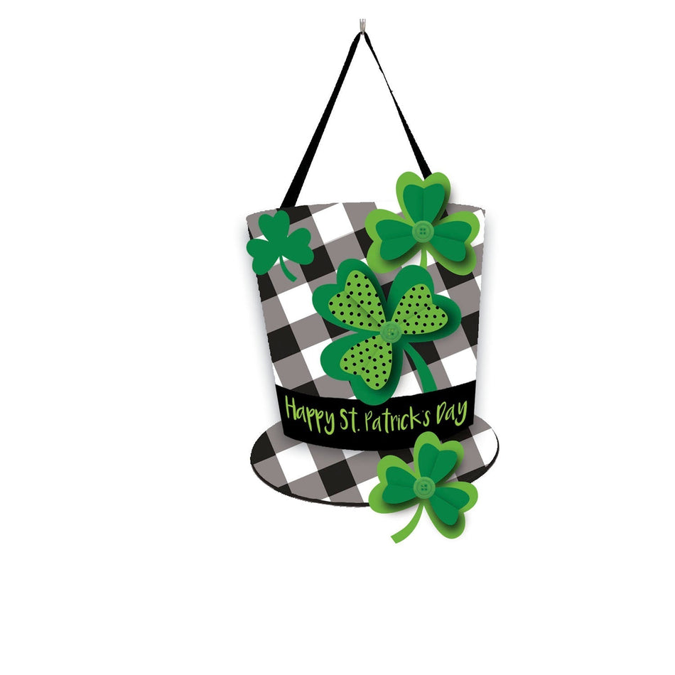 The Plaid St. Patrick's Day Door Decor features a black and white checked top hat with green shamrocks and a hat band with the words "Happy St. Patrick's Day". 