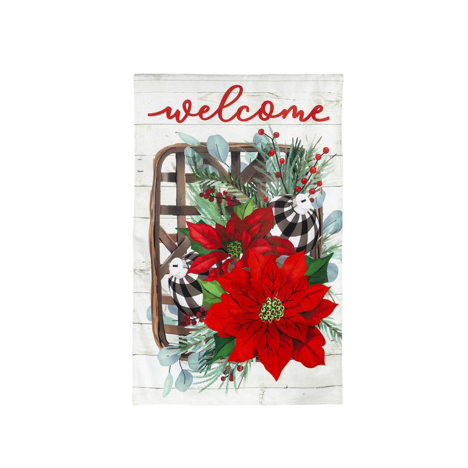 The Poinsettia Tobacco Basket house banner features red poinsettias and buffalo checked ornaments on a tobacco basket with the word "Welcome" across the top. 