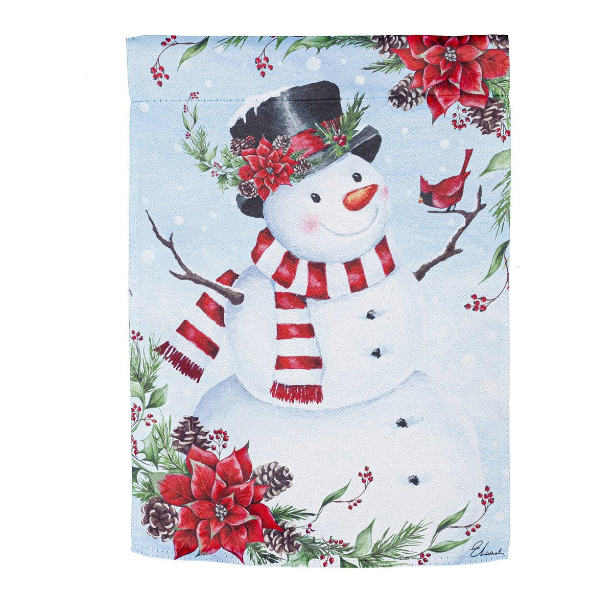 The Poinsettia Snowman garden flag features a smiling snowman accented by red poinsettias. 