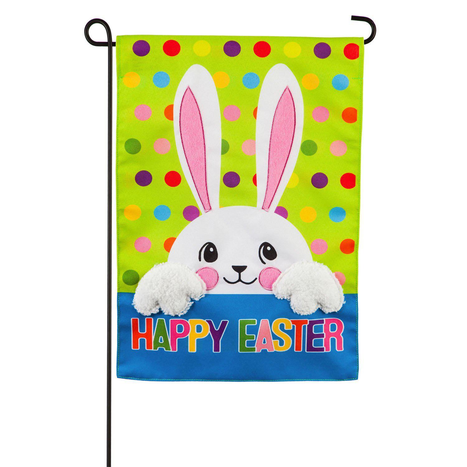 The Polka Dot Easter Bunny garden flag features a fuzzy white bunny over a brightly colored background with polka dots and the words "Happy Easter".