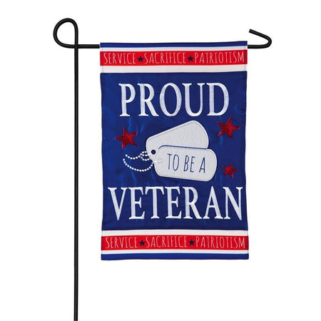 Show you are "Proud to be a Veteran" with this appliquéd garden flag featuring dog tags, stars, and stripes as well as the words service, sacrifice, patriotism. 