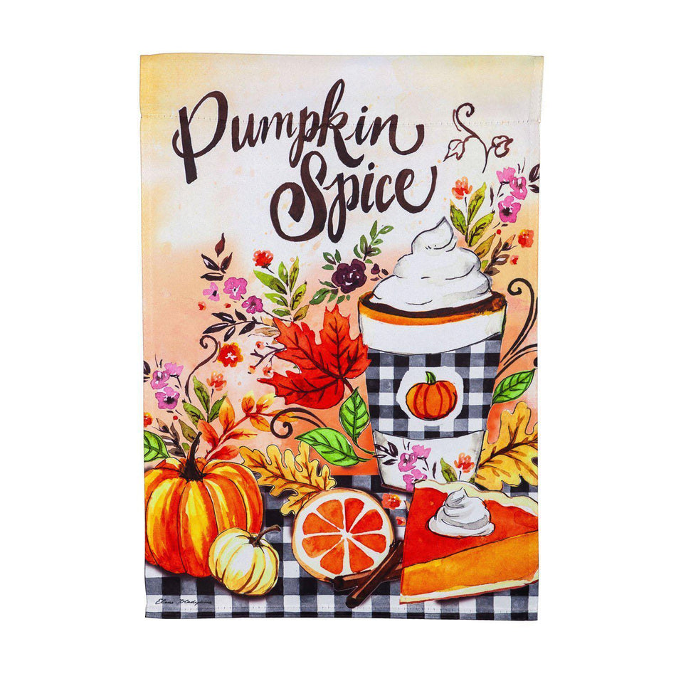 The Pumpkin Spice garden flag features a pumpkin spice drink on a autumn decorated table and the words "Pumpkin Spice". 