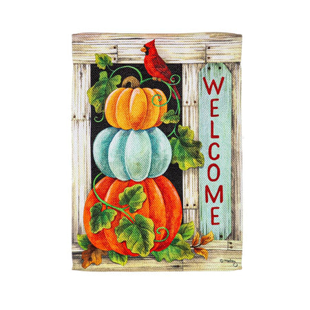 The Pumpkin Stack garden flag features a stacked trio of different colored pumpkins with a bright red cardinal sitting on top, and the word "Welcome" down the side. 