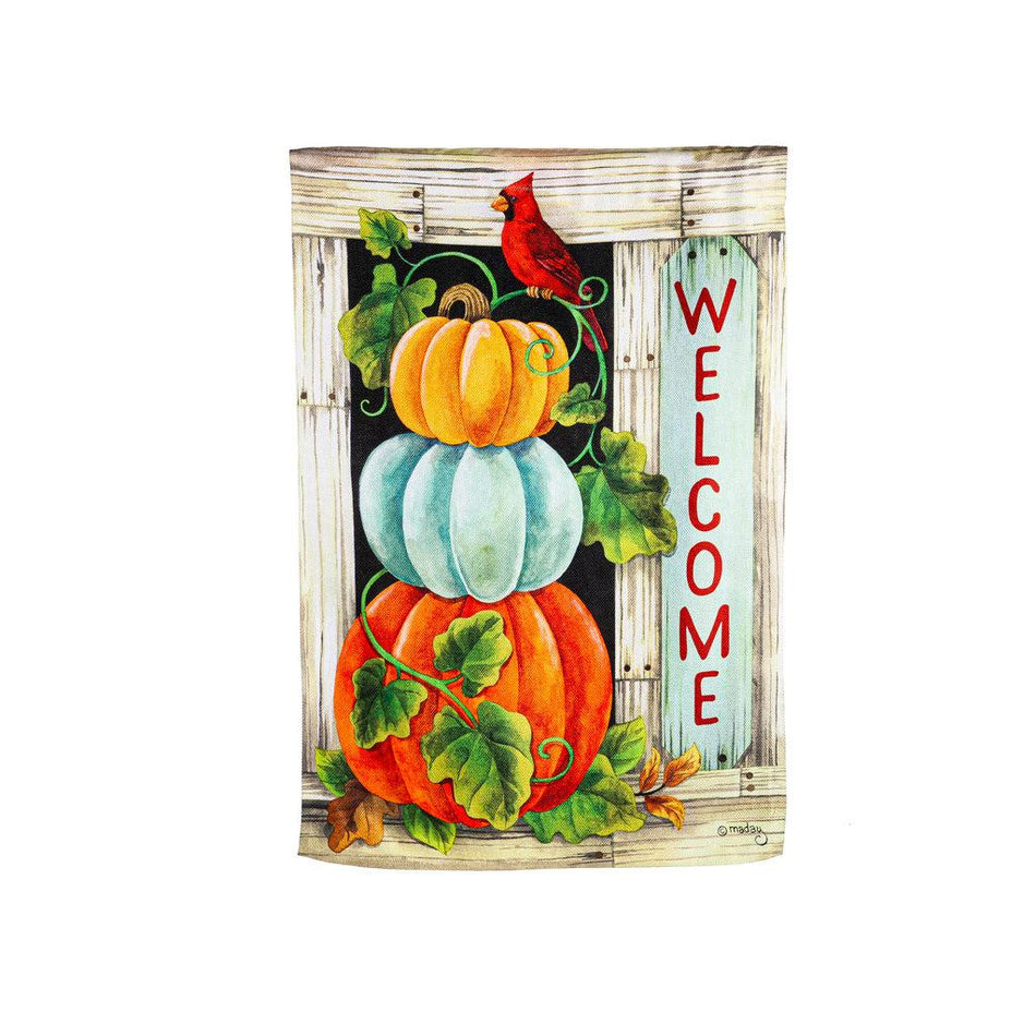 The Pumpkin Stack house banner features a stacked trio of different colored pumpkins with a bright red cardinal sitting on top, and the word "Welcome" down the side.