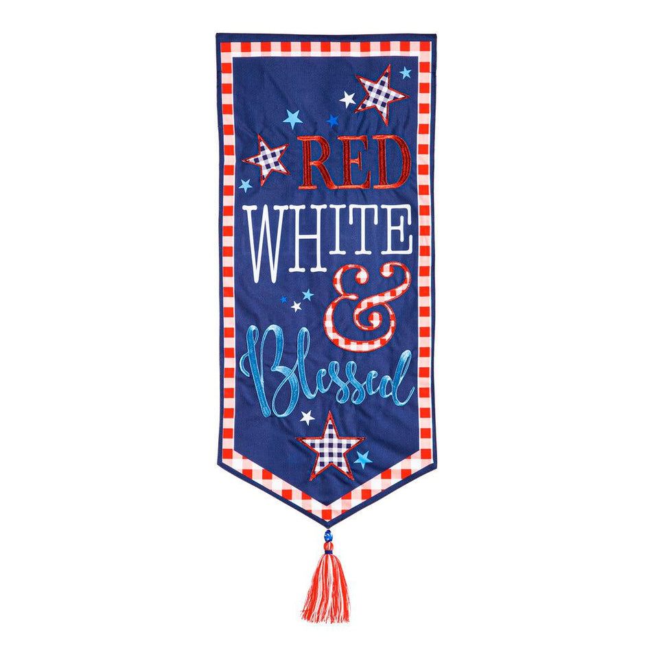 Show your patriotism with the Red, White, and Blessed Textile Décor Flag from the Everlasting Impressions collection. This extra-long garden flag features red, white, and blue stars, a checkered border, and "Red, White, and Blessed" message, with 3D details.