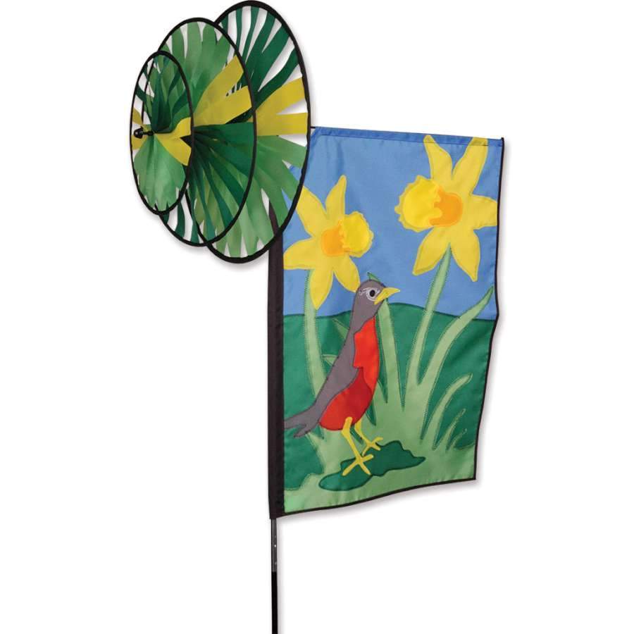 This Robin triple spinner features three spinning wheels and a rotating flag. Made with fade-resistant SunTex fabric, each spinner comes with two heavy-duty fiberglass poles and a ground stake.