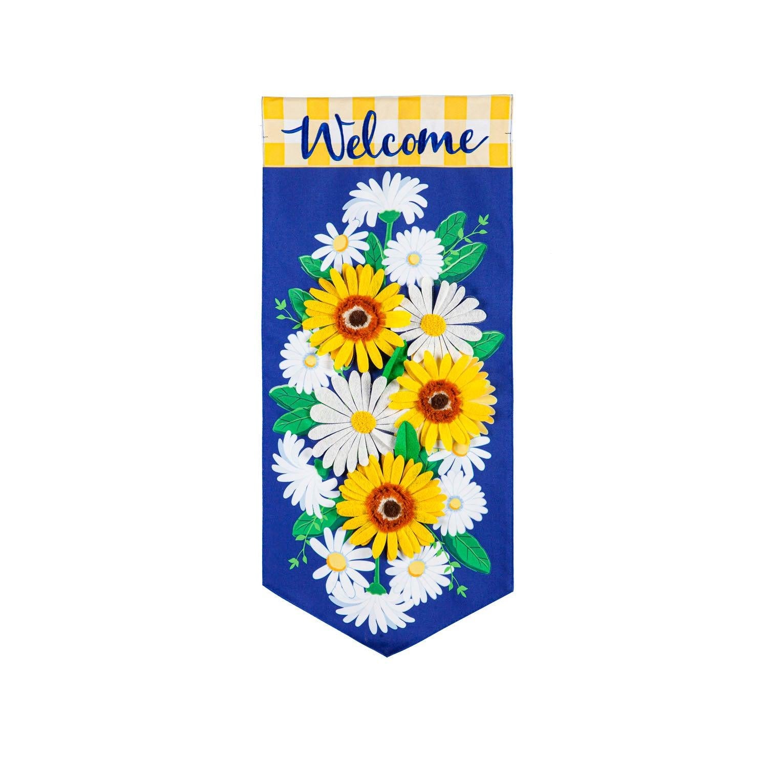 Enjoy the season with the Royal Checks and Daisies Textile Décor from the Everlasting Impressions collection. This extra-long garden flag features beautiful white and yellow daisies on a royal blue background and the word "Welcome" with 3D details.