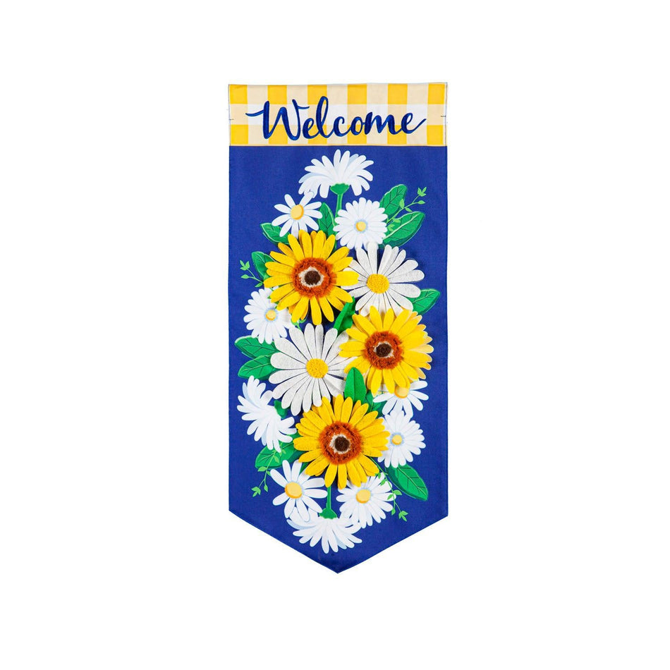 Enjoy the season with the Royal Checks and Daisies Textile Décor from the Everlasting Impressions collection. This extra-long garden flag features beautiful white and yellow daisies on a royal blue background and the word "Welcome" with 3D details.