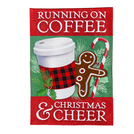 The Running on Coffee and Cheer garden flag features a to-go cup, gingerbread man and candy cane with the words "Running on Coffee & Christmas Cheer". 