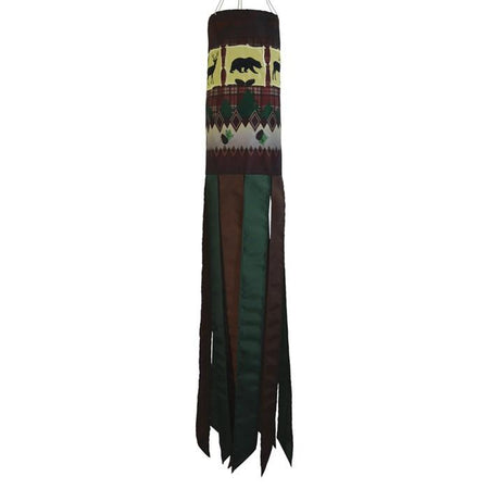 The Rustic Lodge windsock features pinecones, beer and deer silhouettes and evergreen trees along with 8 multi-colored coordinating tails with sewn edges.