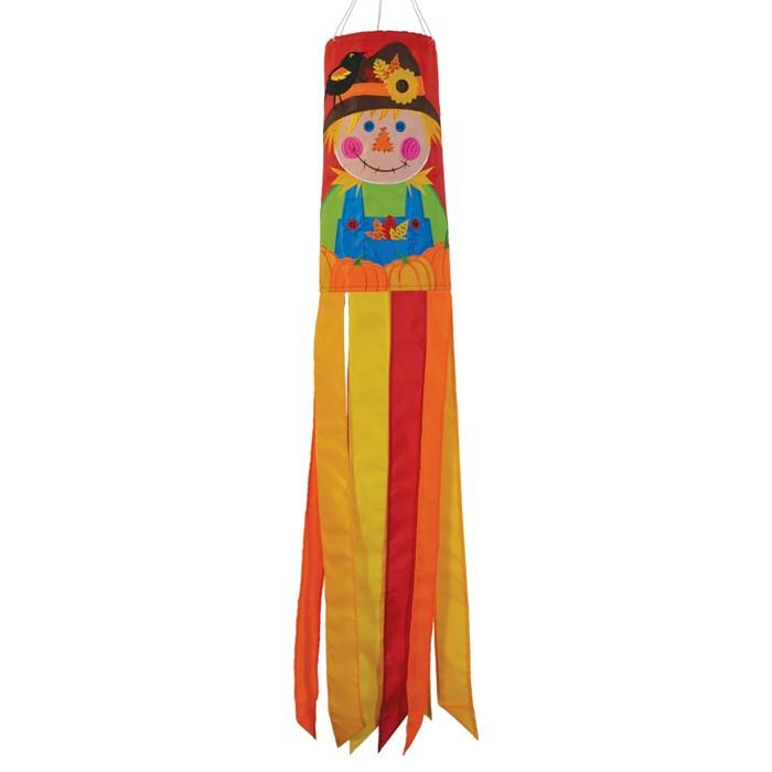 Design features a brightly colored, smiling scarecrow on a red background with yellow, orange, and red coordinating tails with sewn edges.
