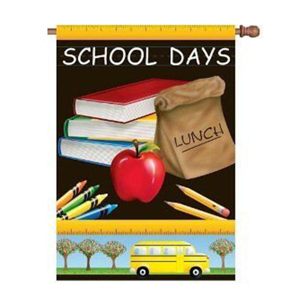 The School Days house banner features books, pencils and crayons, and a school bus as well as an apple and lunch bag. 