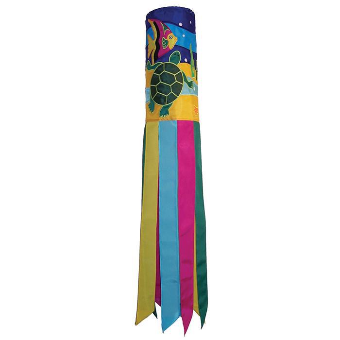 The Sealife Turtle windsock features a sea turtle and angelfish in the water with 8 multi-colored coordinating tails with sewn edges.