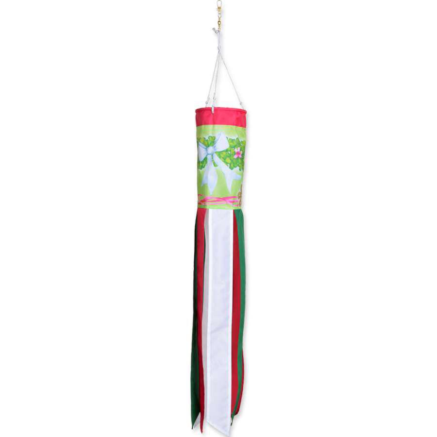 This Shamrock Wreath windsock is a perfect way to celebrate St. Patrick's Day. Design features a wreath made of shamrocks with pink flowers and a white bow.