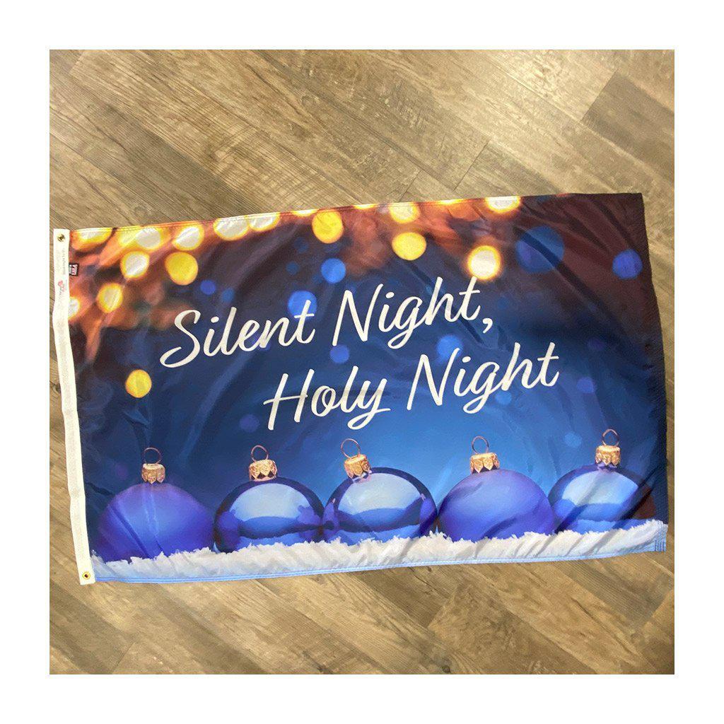 Silent Night 3' x 5' Christmas Flag features blue ornaments, gold lights, and "Silent Night, Holy Night" message.