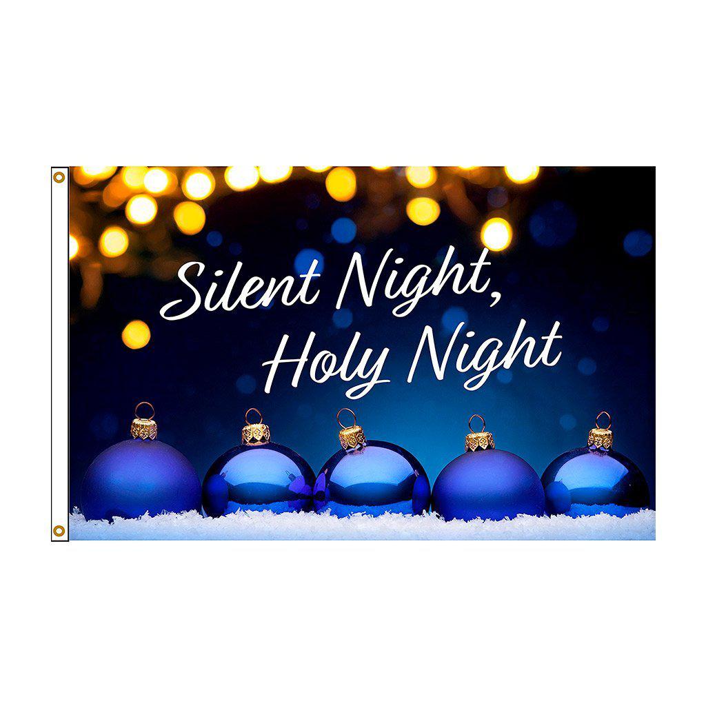 Silent Night 3' x 5' Christmas Flag features blue ornaments, gold lights, and "Silent Night, Holy Night" message.