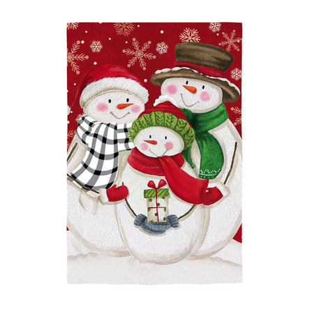 The Snow Family house banner features three happy snowmen wearing scarves and hats with the smallest holding a gift.