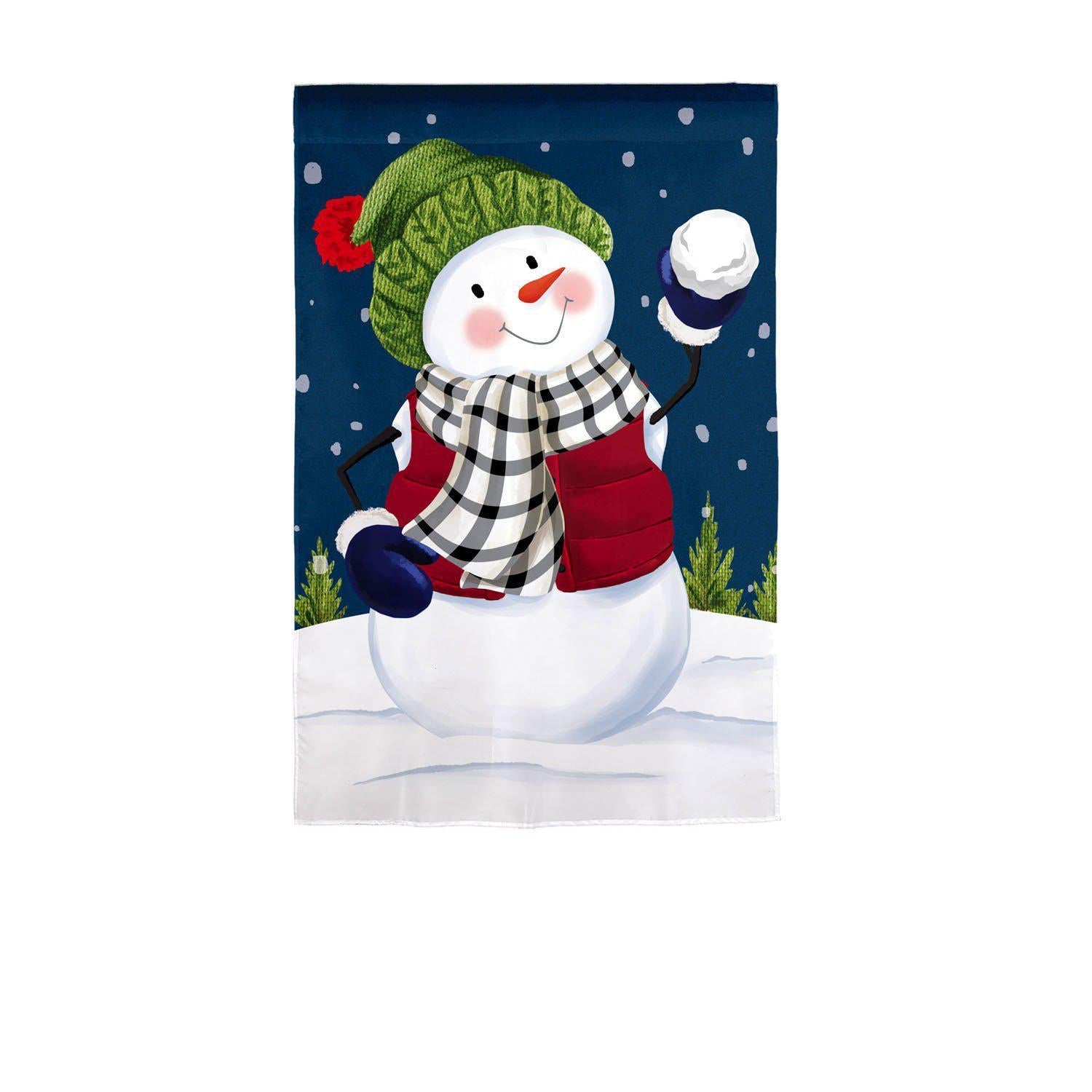 The Snow Fun garden flag features a happy snowman preparing to toss a snowball. 