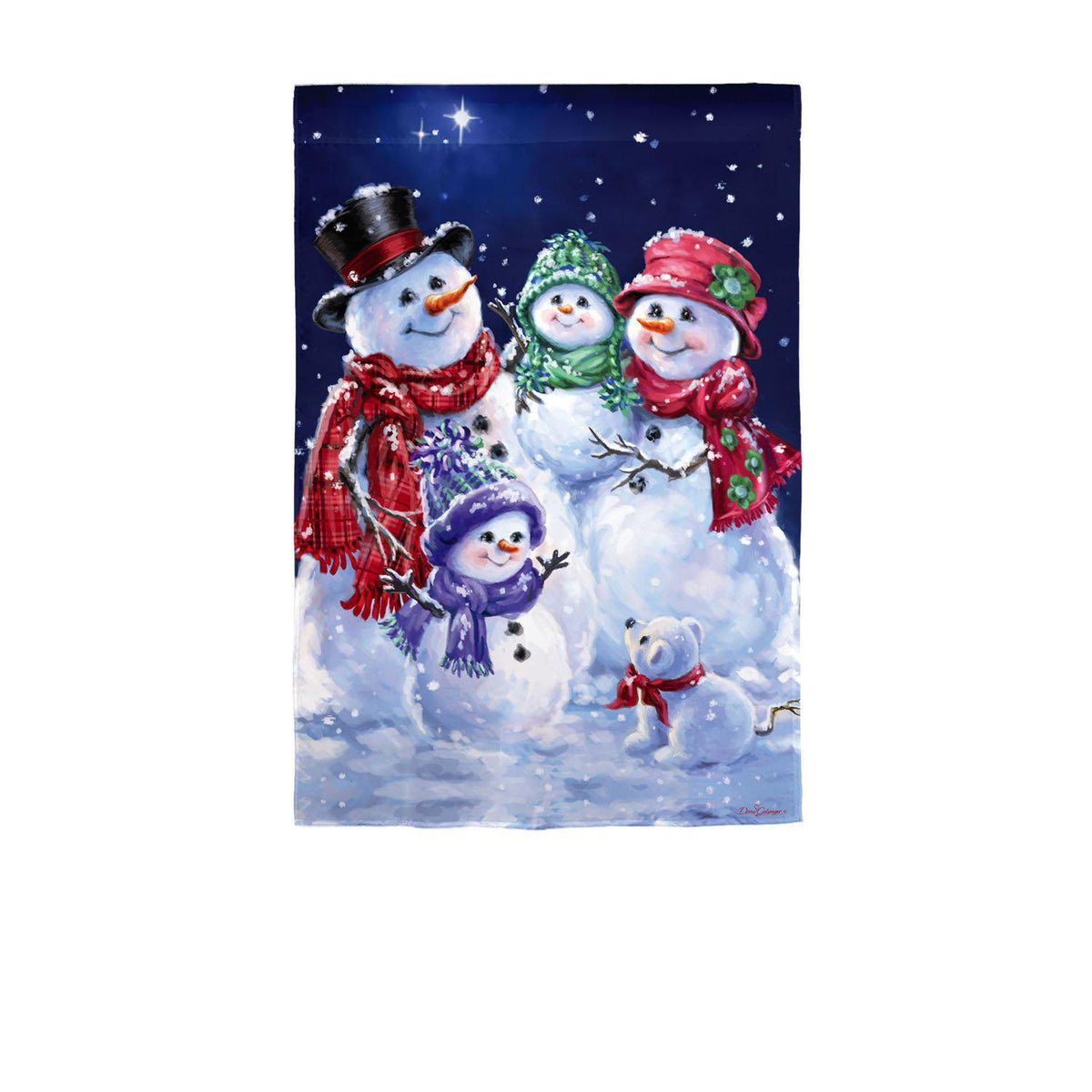 The Snowflake Family garden flag features a smiling snow family foursome -  all with coordinating hats and scarves - and their cute polar bear cub. 