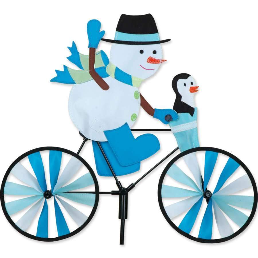 Our Winter snowman spinners feature a waving snowman, a penguin, and rotating bicycle tires. 
