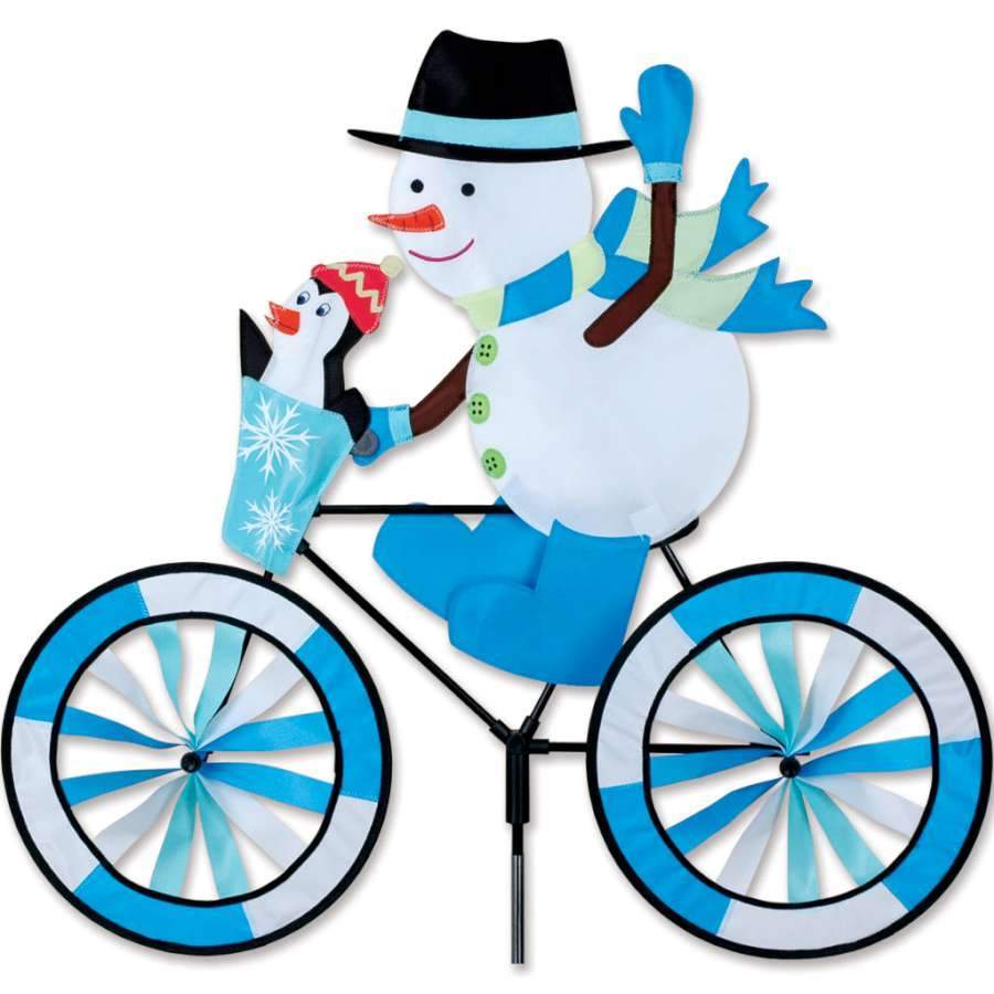 Our Winter snowman spinners feature a waving snowman, a penguin, and rotating bicycle tires. 