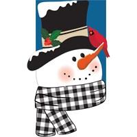 The Snowman and Friend garden flag features a cardinal sitting on the carrot nose of a grinning snowman.