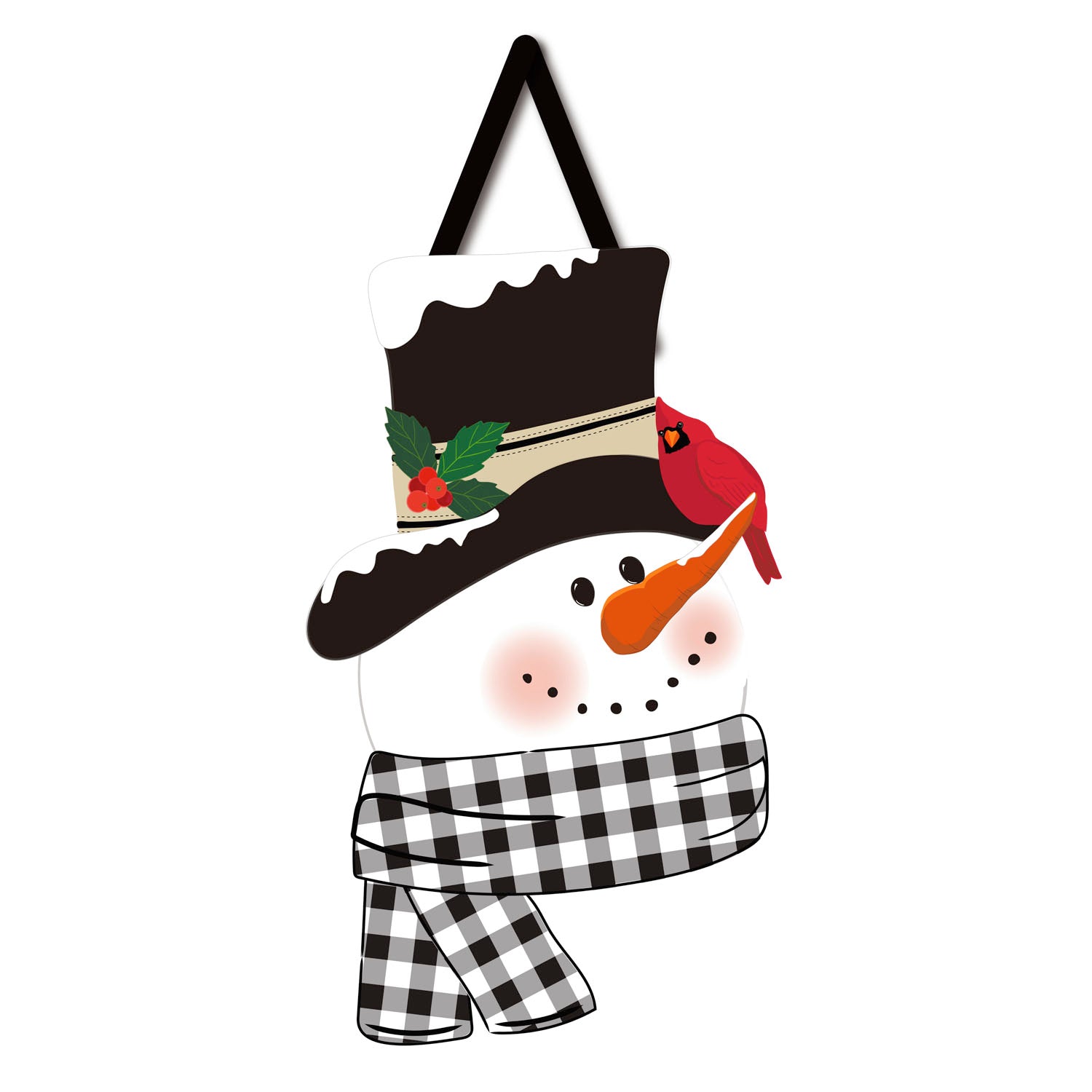 Our Snowman and Friend Door Décor features the head of a snowman with a black top hat, black & white checked scarf and a cardinal sitting on his carrot nose.