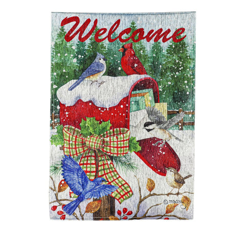 The Snowy Mailbox Friends garden flag features a variety of birds around a snowy mailbox and the word "Welcome" across the top. 