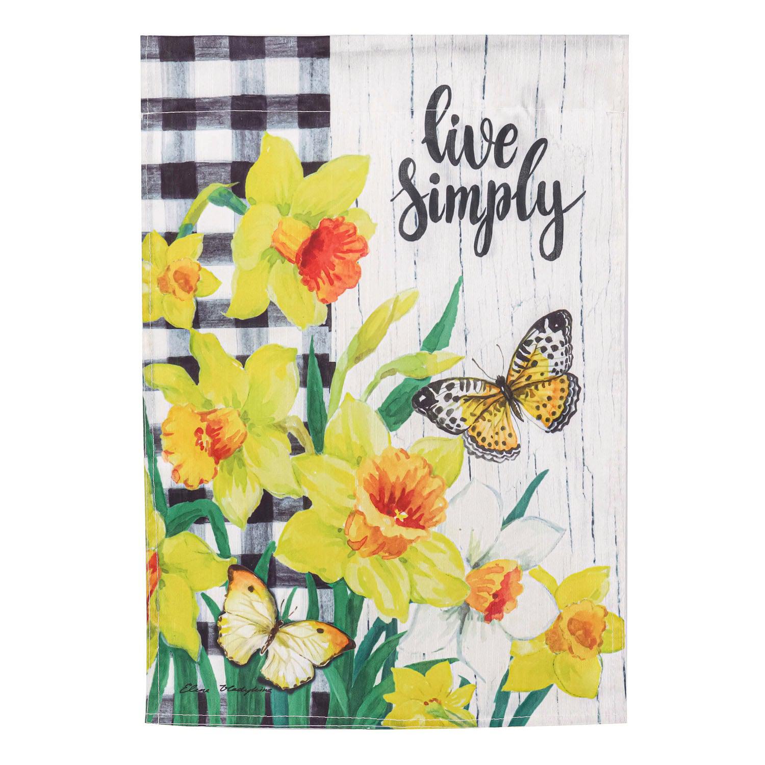 The Spring Daffodils Inspirational Check garden flag features yellow daffodils,  butterflies and the words "Live Simply".