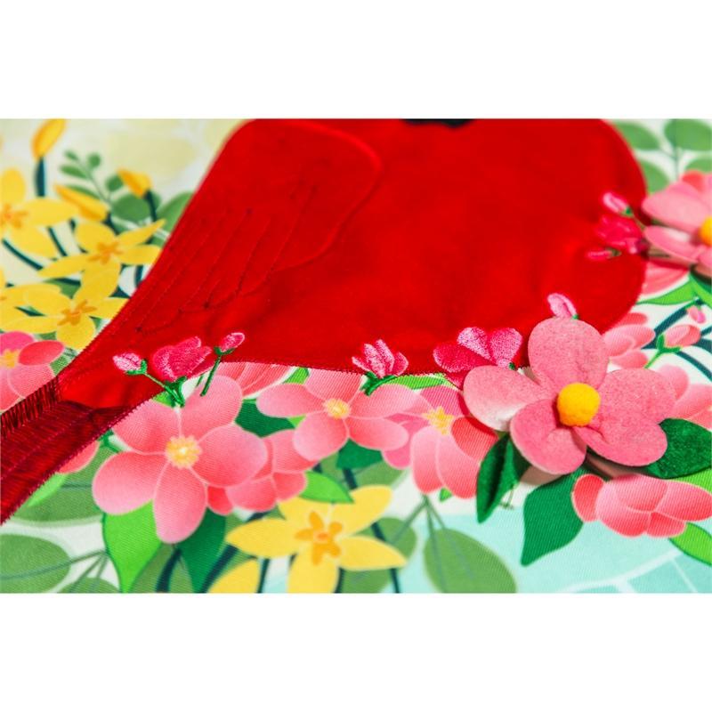 You'll love the striking cardinal on the Spring Floral Cardinal Textile Decor Flag from the Everlasting Impressions collection. This extra-long garden flag features a bright red cardinal among Spring flowers and the words "Welcome Friends" with 3D details and metallic lettering.