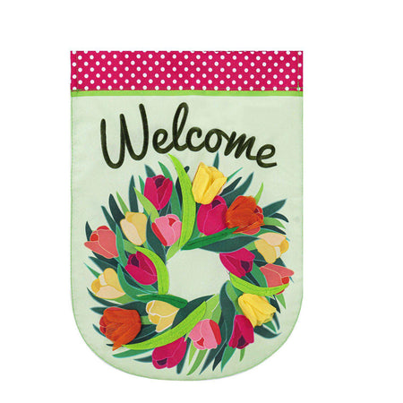 The Spring Tulip Wreath garden flag features a wreath of brightly colored tulips and the word "Welcome". 