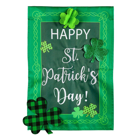 The St. Patrick's Patterned Shamrocks garden flag features multi-patterned shamrocks and the words "Happy St. Patrick's Day!".