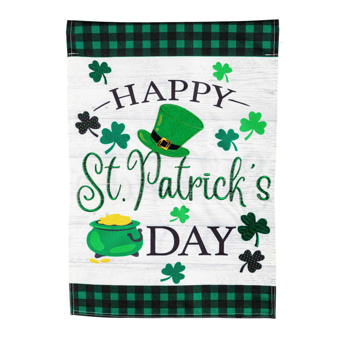 The St. Patrick's Pot of Gold garden flag features plaid accents with a hat, pot of gold, clovers, and the words "Happy St. Patrick's Day". 