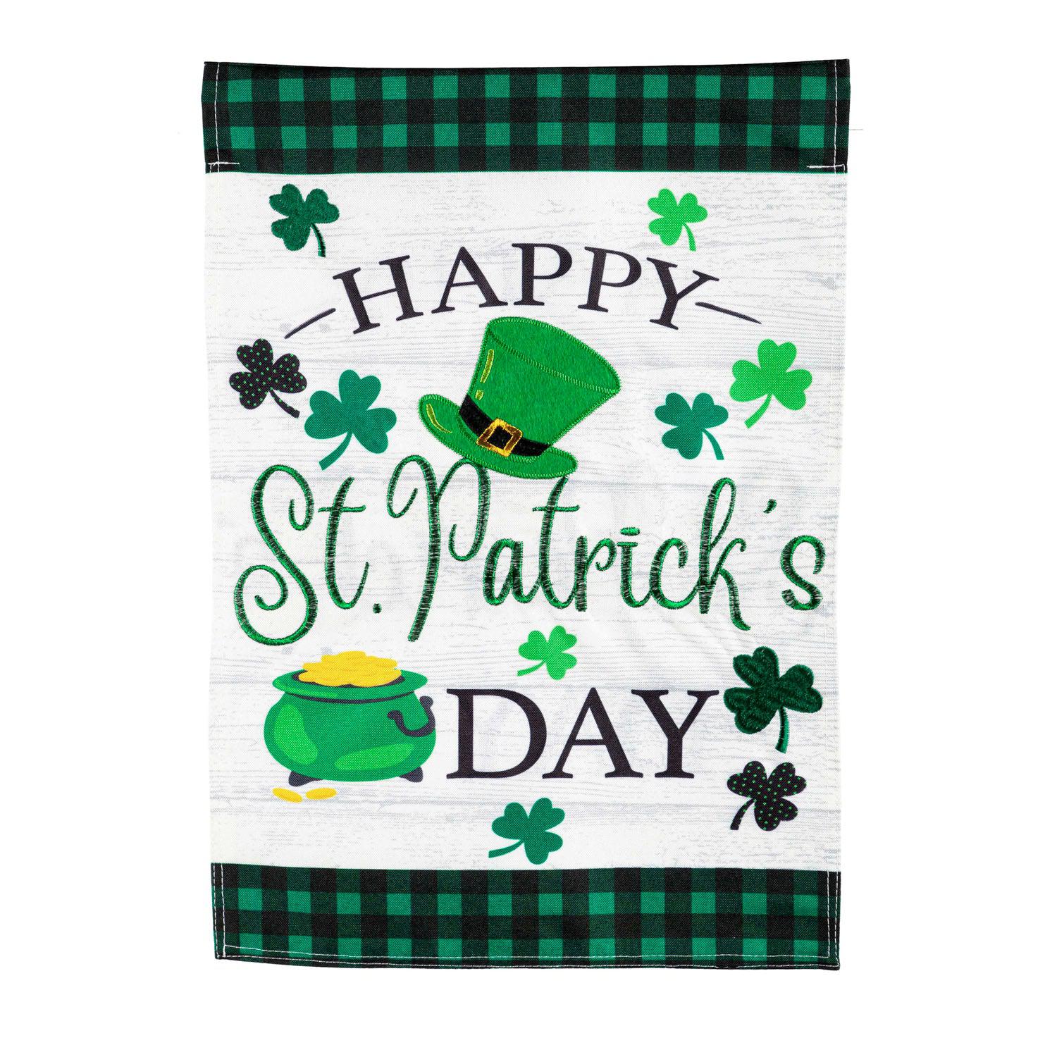 The St. Patrick's Pot of Gold garden flag features plaid accents with a hat, pot of gold, clovers, and the words "Happy St. Patrick's Day". 