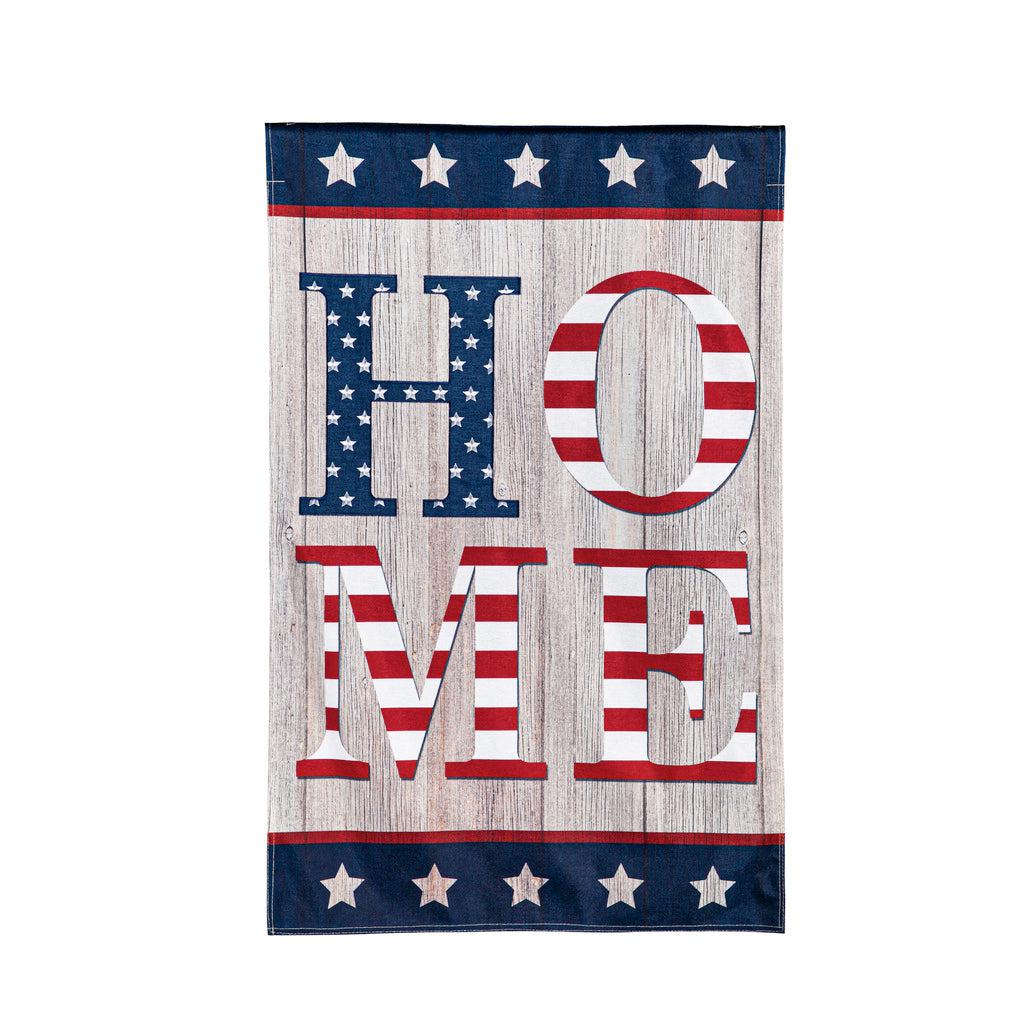 The Stacked Home house banner features the word HOME with the "H" in a star field design and the "OME" in a red & white stripe design.