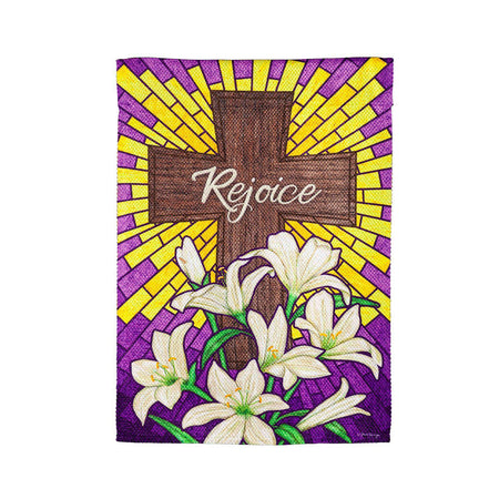 The Stained Glass Easter Cross house banner features a cross and lilies in front of yellow and purple stained glass and the word "Rejoice". 