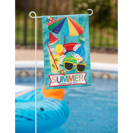 The Summer Sunshine and Good Times garden flag features a rainbow colored umbrella, floaty, sunglasses, lemonade, and the words "Summer Sunshine and Good Times".