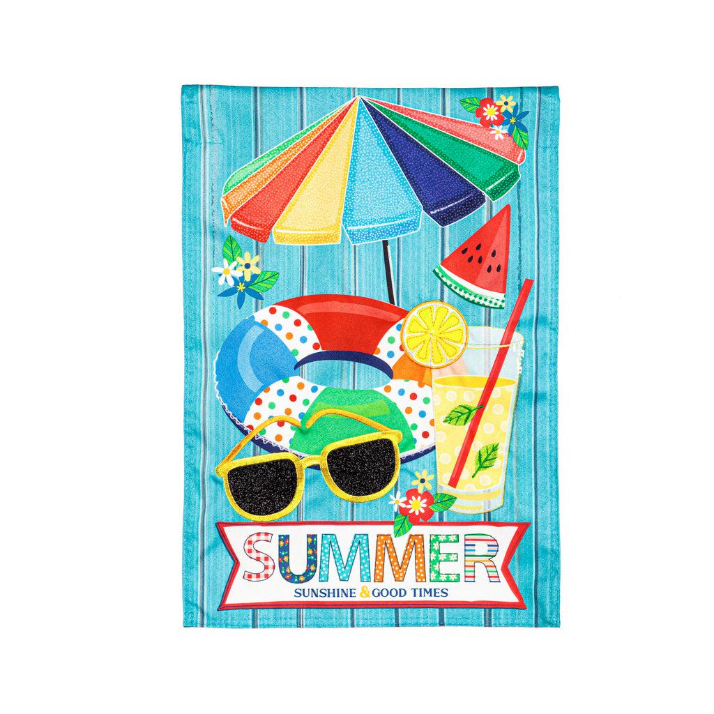 The Summer Sunshine and Good Times garden flag features a rainbow colored umbrella, floaty, sunglasses, lemonade, and the words "Summer Sunshine and Good Times".