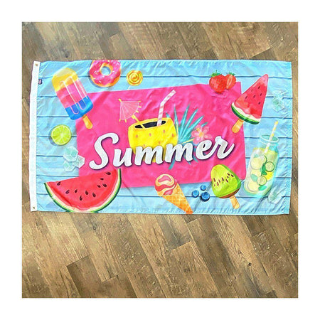 Our Summer Sweets 3' x 5' flag features popsicles, watermelon, ice cream and lemonade along with the word "Summer" on a blue background.